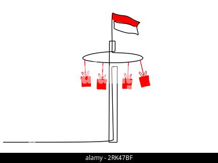 Un disegno continuo a mano a linea singola della bandiera indonesiana sulla sommità della torre pinang isolata su sfondo bianco. Illustrazione Vettoriale