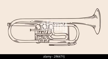Tromba vintage disegnata a mano in stile vintage inciso. Isolato su sfondo bianco. vista frontale. Illustrazione Vettoriale