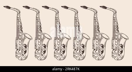 Vintage hand drawn six saxophone in vintage engraved style. Isolated on white background. front view. Stock Vector