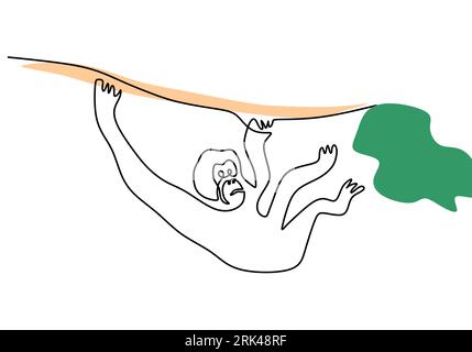 Una singola linea continua di orangotango appeso per un giorno internazionale di orangotango isolato su sfondo bianco. Illustrazione Vettoriale