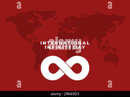 Poster con banner per il giorno internazionale dell'infinito l'8 agosto con simbolo bianco dell'infinito e mappa del mondo su sfondo rosso. Illustrazione Vettoriale