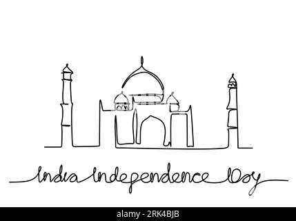 Una singola linea continua disegnata a mano dalla grande moschea per il giorno dell'indipendenza dell'india isolata su sfondo bianco. Illustrazione Vettoriale