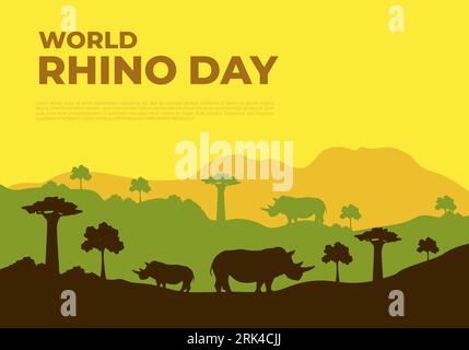 Poster con striscione del World Rhino Day con rinoceronte nella foresta il 22 settembre. Illustrazione Vettoriale
