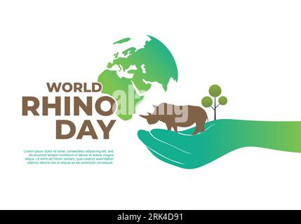 Poster con striscione su sfondo per il giorno del rinoceronte mondiale con mappa del mondo e rinoceronte il 22 settembre. Illustrazione Vettoriale