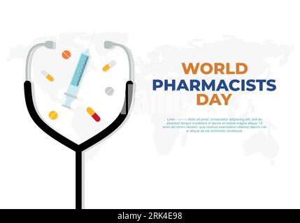 Giornata mondiale dei farmacisti con stetoscopio, iniezione e farmaci. Illustrazione Vettoriale