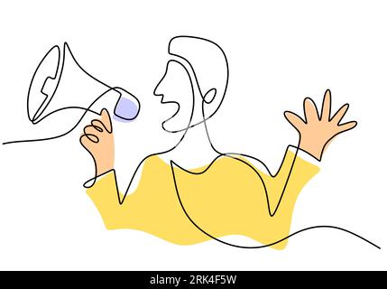 One continuous single line of man hold horn isolated on white background. Illustrazione Vettoriale