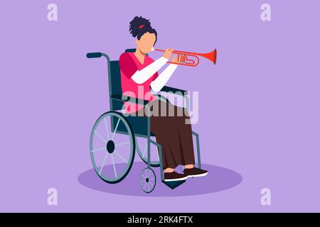 Disegno piatto del personaggio di una bella donna in sedia a rotelle che suona la tromba durante la lezione di musica. Disabili fisici. Persona in ospedale. Riabilitazione Foto Stock