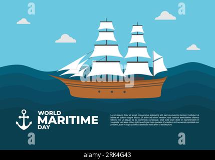 World maritime day background with big ship on ocean. Illustrazione Vettoriale