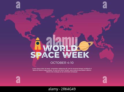 Settimana spaziale delle parole sfondo con mappa del mondo, razzo e ufo. Illustrazione Vettoriale
