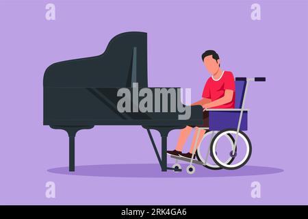 Graphic flat design drawing disabled man in wheelchair playing piano in concert. Disability and classical music. Physically disabled. Rehabilitation c Stock Photo