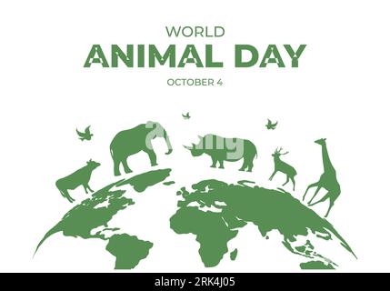 Giornata mondiale degli animali con animali sullo sfondo della mappa mondiale celebrata il 4 ottobre. Illustrazione Vettoriale