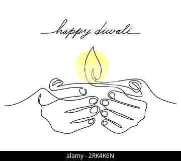 One line of candle on hand isolated on white background. Hand drawing single continuous line. Illustrazione Vettoriale