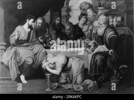 Mary Magdalene anointing Christ's feet during the meal in the house of Simon the Pharisee 1640 by Artus Wolffort Stock Photo