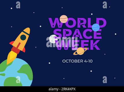 Settimana spaziale delle parole sfondo con razzi e pianeti terrestri. Illustrazione Vettoriale