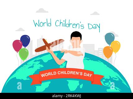 World children day background with earth, balloon and child play kite Stock Vector
