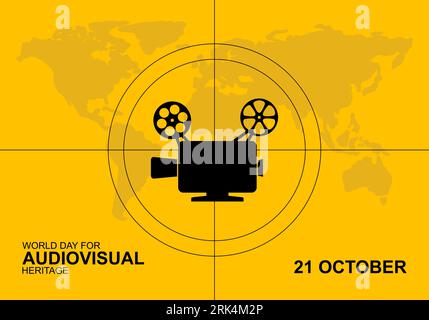 Giornata mondiale per lo sfondo del patrimonio audiovisivo con grande fotocamera e mappa terrestre. Illustrazione Vettoriale