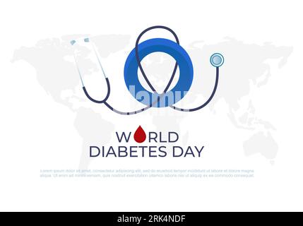 Giornata mondiale del diabete sfondo con stetoscopio e mappa della terra. Illustrazione Vettoriale