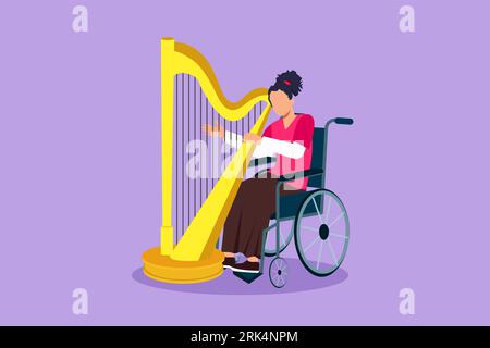 Cartoon flat style drawing elegant woman sitting in wheelchair playing harp in concert. Disability and classical music. Physically disabled. Rehabilit Stock Photo