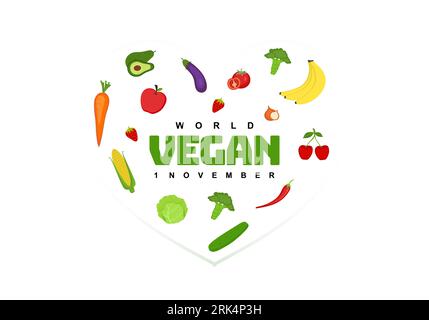 Giornata mondiale vegana sfondo con verdure celebrato il 1° novembre. Illustrazione Vettoriale