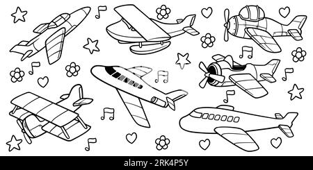 Set disegnato a mano di giocattolo aeroplano per bambini isolato su sfondo bianco. Illustrazione Vettoriale