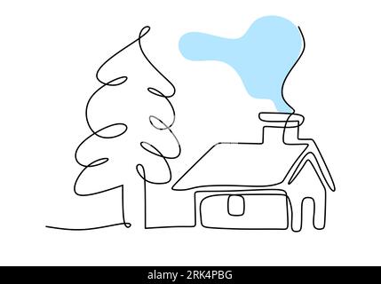 Disegna a mano una singola linea continua di abete rosso e casa isolata su sfondo bianco. Illustrazione Vettoriale