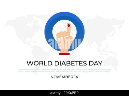 Sfondo giornata mondiale del diabete con mappa della mano e della terra su sfondo bianco. Illustrazione Vettoriale