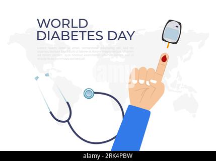 Giornata mondiale del diabete con dispositivo di misurazione dello zucchero nel sangue e stetoscopio. Illustrazione Vettoriale