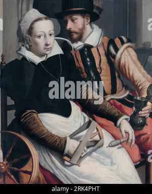 Uomo e donna a una ruota Spinning intorno al 1570 di Pieter Pietersz il Vecchio Foto Stock