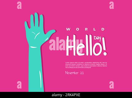 Sfondo World Hello Day con Hand Five su sfondo viola. Illustrazione Vettoriale