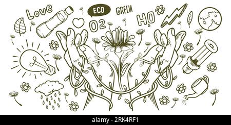 Disegnati a mano con elementi per il set di doodle ecologici per l'energia rinnovabile Save Earth. Illustrazione Vettoriale