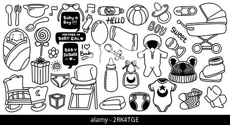 Hand drawn set of new born baby shower toys isolated on white background. Stock Vector