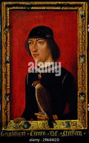 Engelberto II van Nassau 1480-1490 Maestro dei ritratti dei principi olandesi, Paesi Bassi, il conte Engelberto si fece ritrarre con il suo falco da caccia, come un tipico membro della nobiltà. La sua famiglia aveva governato parti del Brabante per anni. Engelbert servì i duchi di Borgogna in varie capacità amministrative e militari. Nel 1496, Filippo il bello lo nominò suo agente nei Paesi Bassi. Foto Stock