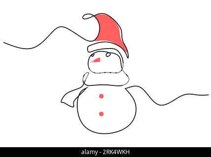 Disegnare a mano una singola linea continua di pupazzi di neve usando il cappello di babbo natale isolato su sfondo bianco. Illustrazione Vettoriale