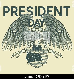 Hand drawing president day element with eagle and american flag isolated on white background Illustrazione Vettoriale
