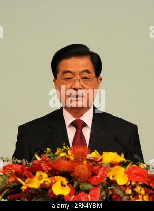 Bildnummer: 53679527  Datum: 20.12.2009  Copyright: imago/Xinhua (091220) -- MACAO, Dec. 20, 2009 (Xinhua) -- Chinese President Hu Jintao, also general secretary of the Central Committee of the Communist Party of China (CPC) and chairman of the Central Military Commission, delivers an important speech during the celebration gathering marking the 10th anniversary of Macao s return to the motherland and the inauguration of the third-term government of the Macao Special Administrative Region (SAR) in Macao SAR of south China on Dec. 20, 2009. (Xinhua/Fan Rujun) (wjd) CHINA-MACAO-10TH ANNIVERSARY- Stock Photo