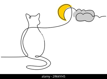 Disegnare a mano una linea di gatto e luna isolati su sfondo bianco. Illustrazione Vettoriale