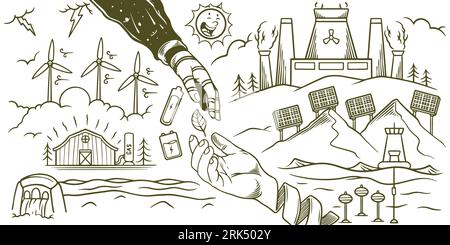 Disegnati a mano con elementi per il set di doodle ecologici per l'energia rinnovabile Save Earth. Illustrazione Vettoriale