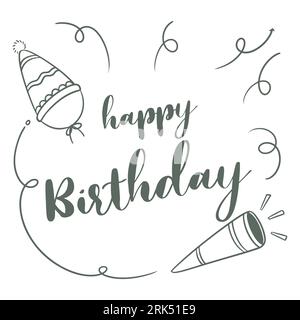 Hand drawing happy Birthday lettering words isolated on white background. Illustrazione Vettoriale