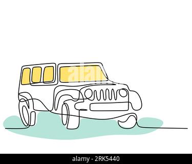 Hand drawing single one line of Classic jeep transportation isolated on white background. Stock Vector