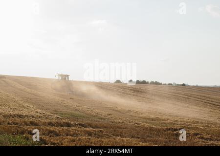 Un trattore moderno con un pesante erpice a disco trainato ara un campo di grano al tramonto. Foto Stock