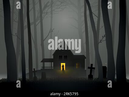Illustrazione grafica di casa spooky nei boschi, per Halloween e tema horror Illustrazione Vettoriale