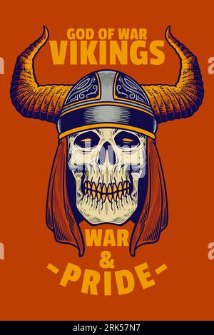 testa del cranio indossare l'elmetto vichingo poster delle carte illustrazione vettoriale Illustrazione Vettoriale
