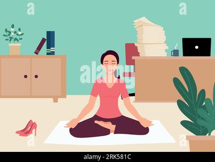 Semplice vettore piatto illustrazione di una donna d'affari che fa yoga dentro ufficio Illustrazione Vettoriale