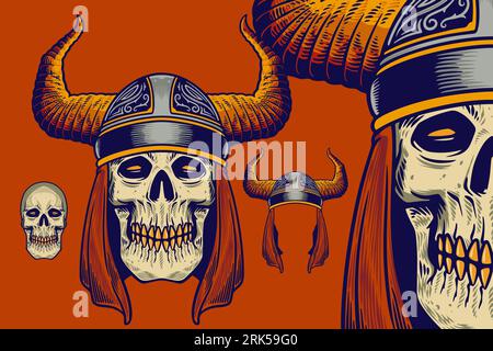 la testa del cranio indossa l'illustrazione vettoriale dell'elmetto viking Illustrazione Vettoriale