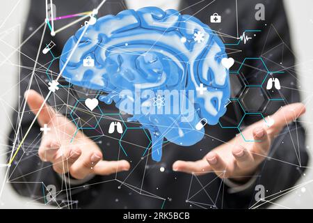 Una persona che presenta un modello 3D di un cervello umano nella mano destra, circondato da varie icone dei social media in cerchio Foto Stock