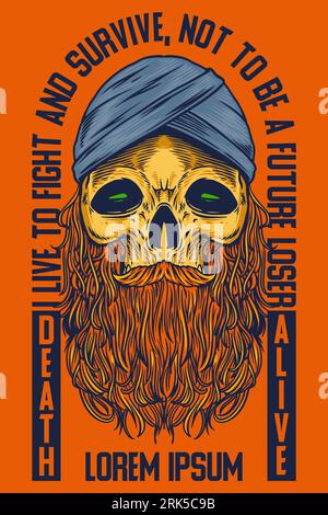 testa di monaco del cranio, poster con illustrazione vettoriale, stile cartoni animati Illustrazione Vettoriale