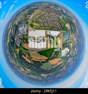 Aerial view, logport IV, POCO Logistik, logistics center on Norddeutschlandstraße, globe, fisheye shot, 360 degree shot, tiny world, Lintfort, Kamp-Li Stock Photo