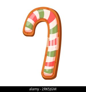 Gingerbread candy cane cookie in cartoon style. Vector illustration of sweet homemade snack with icing for Christmas holidays. Vector illustration Illustrazione Vettoriale