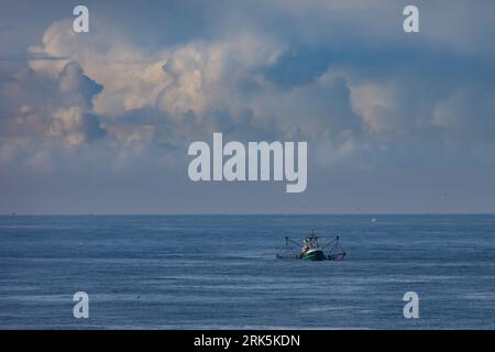 Una taglierina con reti da traino sollevate al sole sul Mare del Nord Foto Stock