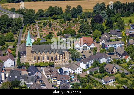 Aerial view, St. Mauritius church, cemetery, Niederwenigern, Hattingen, Ruhr area, North Rhine-Westphalia, Germany, Worship site, Burial site, DE, Eur Stock Photo